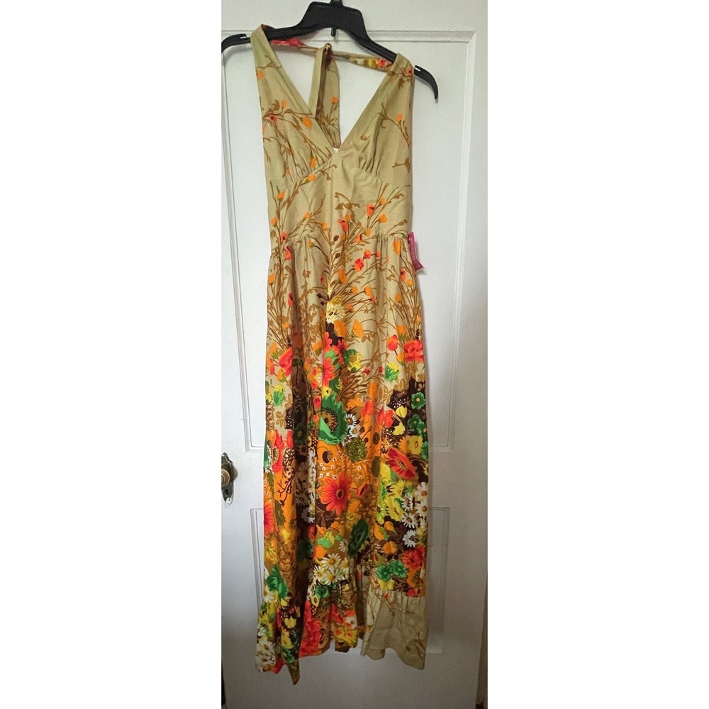 Vintage Harriet's Floral Halter Maxi Dress Size 16 Custom Made In Hawaii